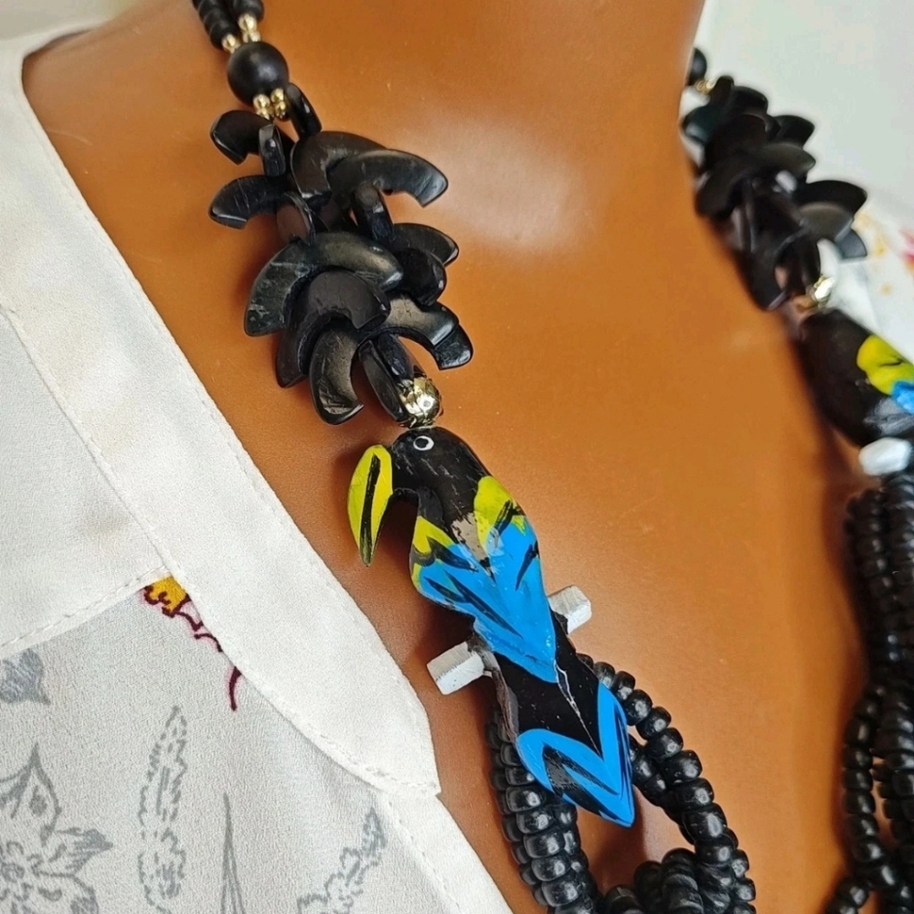 Vtg Hand Painted Resort Parrot Multi Strand Wooden Necklace 50s Shepherd Hook